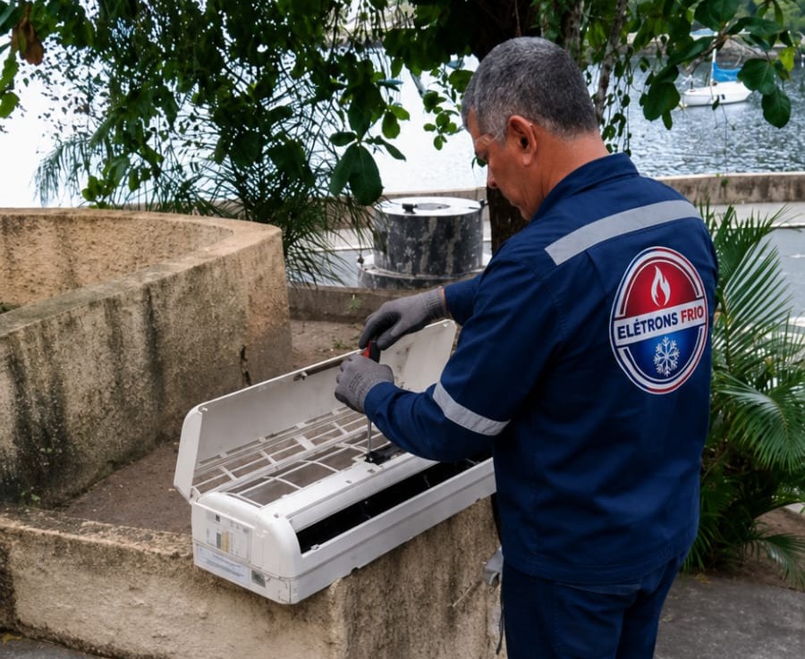 Técnico Elétrons Frio fazendo higienização de ar-condicionado